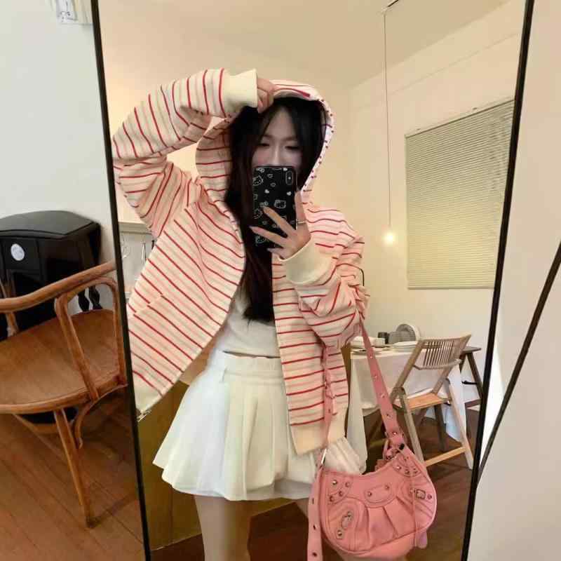 乐天商城 - 怠惰な 風の 縞の 帽子の 衛 衣の 女性の 春秋の 新型の 甘くて ゆったり して いる カジュアルな カーディガンの ファスナーの 長袖の 上着の コート