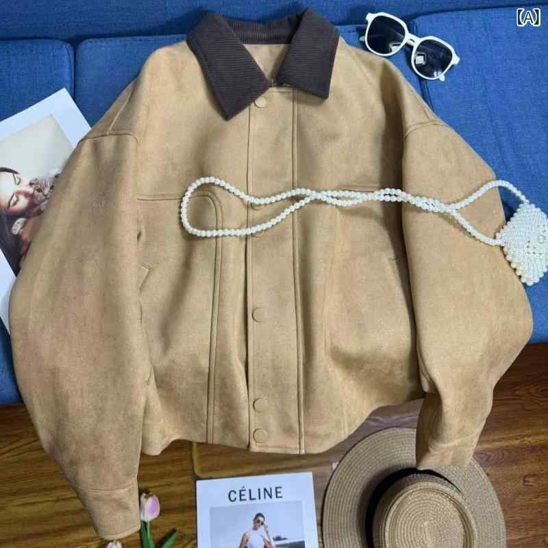 乐天商城 - カーキ 色の 大衆 デザイン 感 スエードの ジャケット