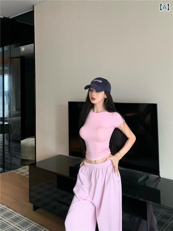 スポーツ スーツ 女性 夏 2 点 セットギャルガードルストレッチトップス 半袖 t シャツハイウエストカジュアルパンツワイドレギンス