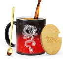不思議な変色カップ、龍年プレゼント、中国の新年プレゼント、龍2024プレゼント面白いコーヒーカップの蓋とスプーン、陶磁器のカップ