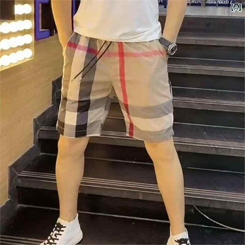 プリントの 格子の半 ズボンの 男性の 韓国 版の 修身の まっすぐな 筒の 5 分の カジュアルな ズボンの 夏の 薄い タイプの 氷の 糸の ビーチの スポーツの ズボン