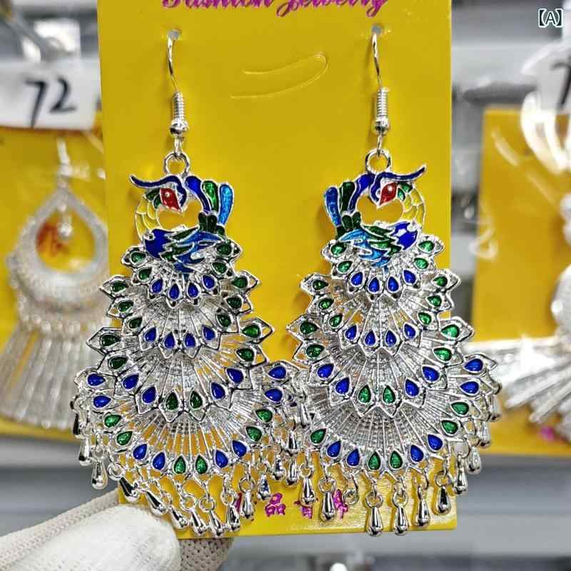 少数 民族 孔雀 イヤリング 観光 地区 イヤリング 民族 風 復古 苗 銀 プレゼント 模造 銀 復古 イヤリング アクセサリー(x12)