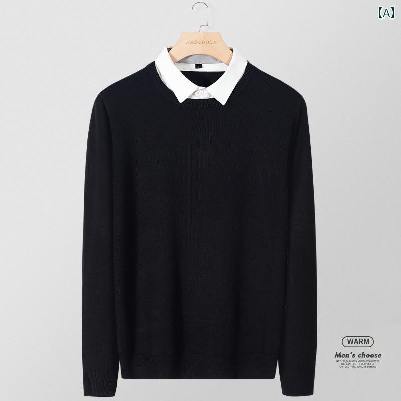 フェイクツーピースニットセーター 秋冬 カスタムプリントロゴ シャツ 襟 メンズ インナー 高級 感 ト..