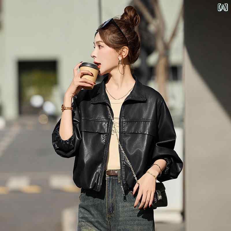Rakuten - 女性の 皮の 服の 綿羊の 皮の 復古の 香港 風の カジュアルな 革の ジャケットの 韓国 版の 潮流の ゆったり して いる 気質の 襟の 機関 車の コートを ひっくり返します。