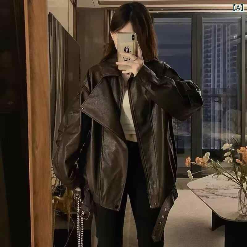 レ トロな 古い ブラウン PU レザー ジャケット 女性の ための 初春と 秋の トレンディな アメリカンルーズバイクジャケット