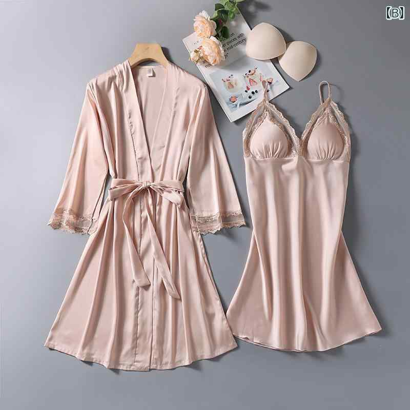 セクシーな スト ラップの 透かし 彫りの パジャマの 新型の 女性の 寝 服の 2つの セットは 胸の クッションの パジャマの 春秋 ネットの 赤い 震える 音の 家の 服を 持ちます。 2