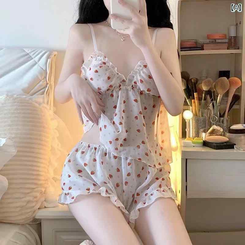 セクシーな 花の シフォンの サスペンダーの パジャマの半 ズボンの 2つの セットの 春 夏の 甘くて かわいい 家庭 服の 女性の 卸売り