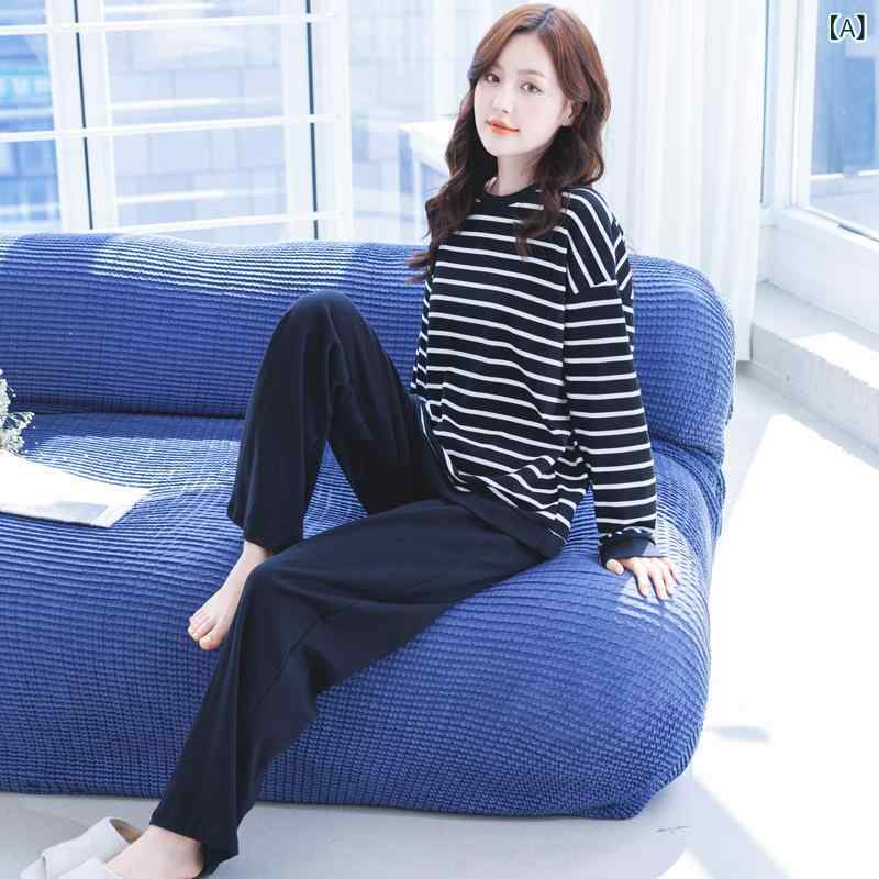 パジャマ レディース 春秋 純綿 長袖 2023 年 新作 純綿 セットストライプホームウェアカジュアル 外 着 可(4)