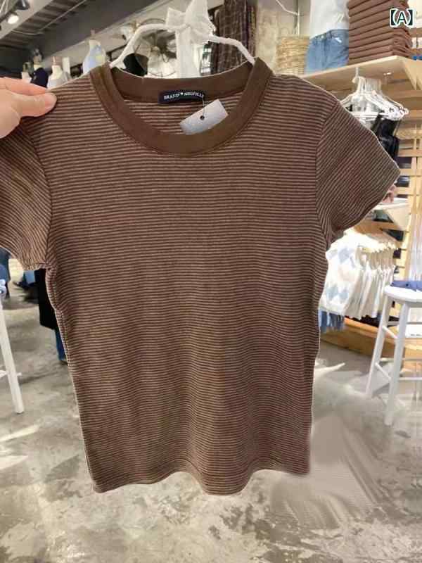 乐天商城 - ベーシック ストライプ 右肩 Tシャツ レディースピュアコットン 夏 新作 アメリカンスリムレトロトップレディースインナー 半袖 イン スタイル