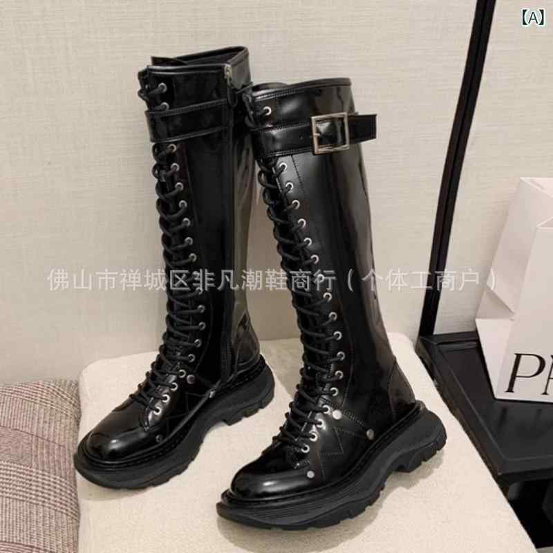楊冪同 項 麦 昆 長靴の 女性は 膝の 長靴の本 革の 厚い 底の ひもの 機関 車の 靴の 高い 筒の 騎士..