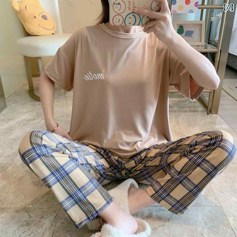格 格の スーツの 春秋の パジャマの 女性の 半袖の ズボンの カジュアルで シンプルな 韓国の 家庭 服の スーツは 生放送 します。