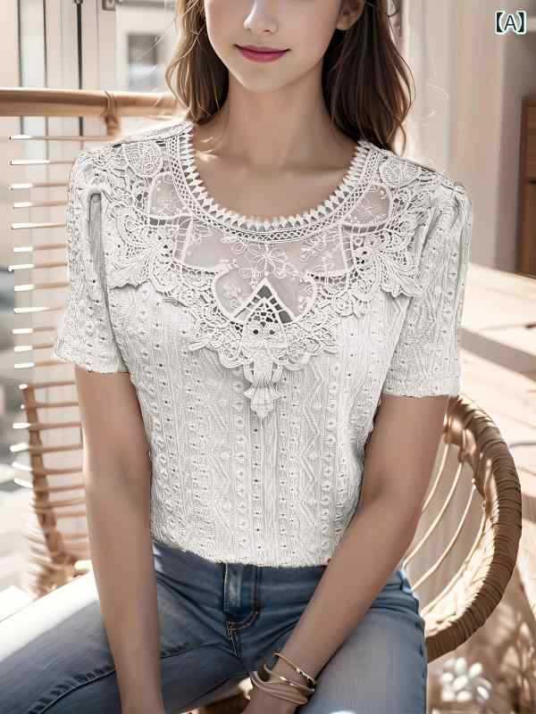 アマゾン TEMU 欧米の 女装 春 夏秋 上着 透かし 彫り レース v ネックカジュアルニット t シャツ