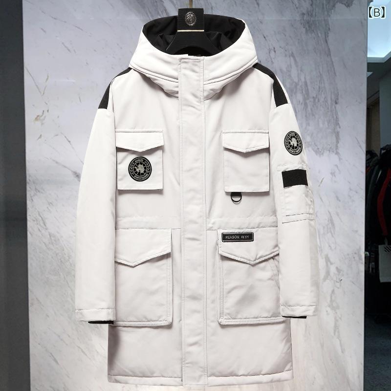 メンズダウンジャケット、 ミドル 丈、 アウトドアワークウェア、 新作 韓国 風、 カップル 向け、 冬 用、 厚手、 保温 性の ある メンズ ジャケット