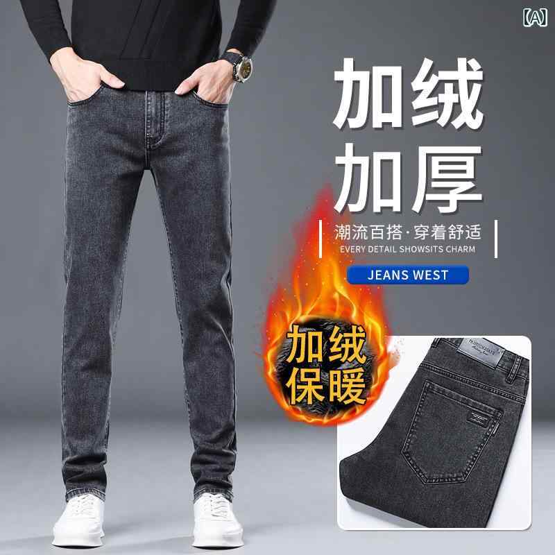2024 Douyin 人気の 秋冬 厚手 ジーンズ メンズ シンプル スリム ストレートミッドウエストストレッチハンサムフィット
