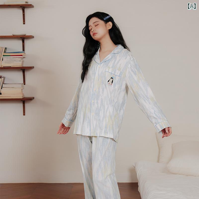 青 金の 海 春季 A 級 ペンギン 綿 パジャマ カップル 男女 兼用 抗菌 防 ダニ 長袖 ホームウェアセット