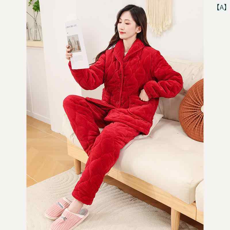 新型 カップル パジャマ 女性 冬 フランネル 三 層 厚手 コットン 保温 ホーム ウェア 男性 カジュアル..