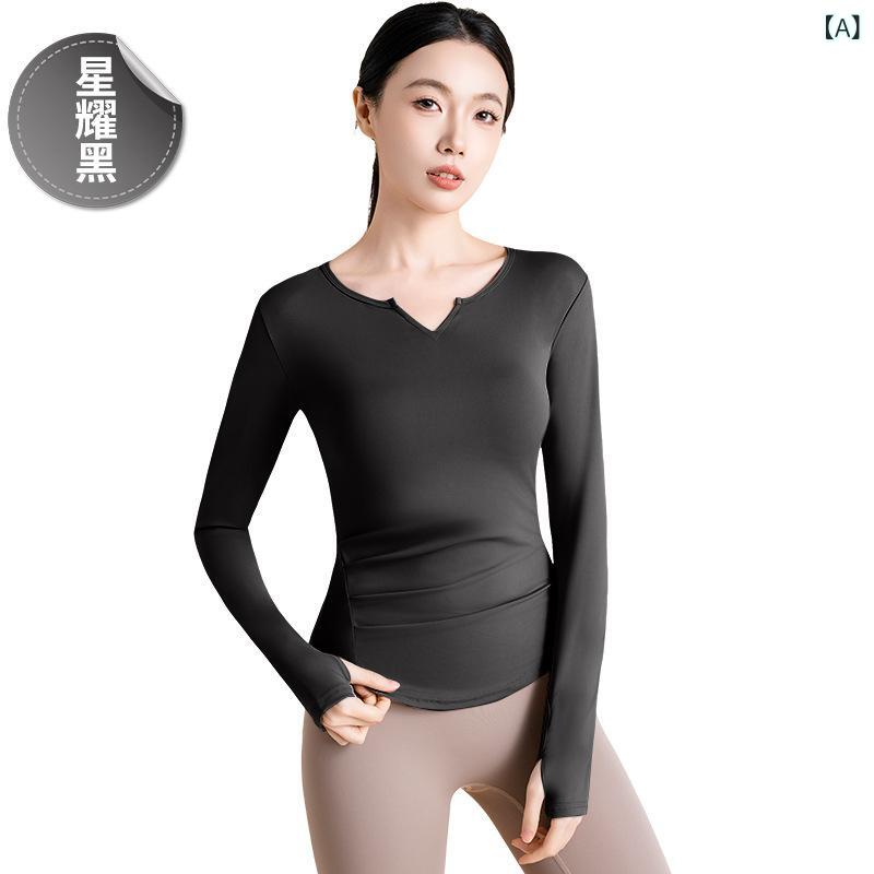 春と 秋の ランニング スポーツの フィットネスの タイトな 女性の純 色の v ネックの 頭の ヨガ 服の 長袖の 上着の t シャツの プラティ