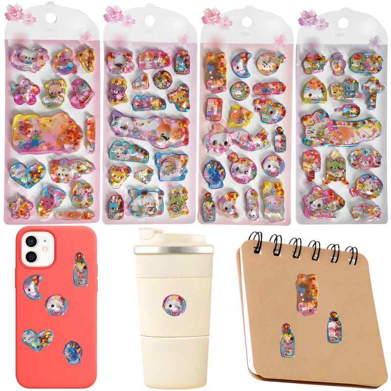 ウォーターシールセット 水シール ぷにぷに 水入り 可愛い 3dステッカー 立体 4枚入り スパンコール入り キラキラ 動物 キャラクター かわいい ごほうびステッカー DIY 手帳 水筒 スマホケー skylight-10705744 スカイライト パッケージ画像
