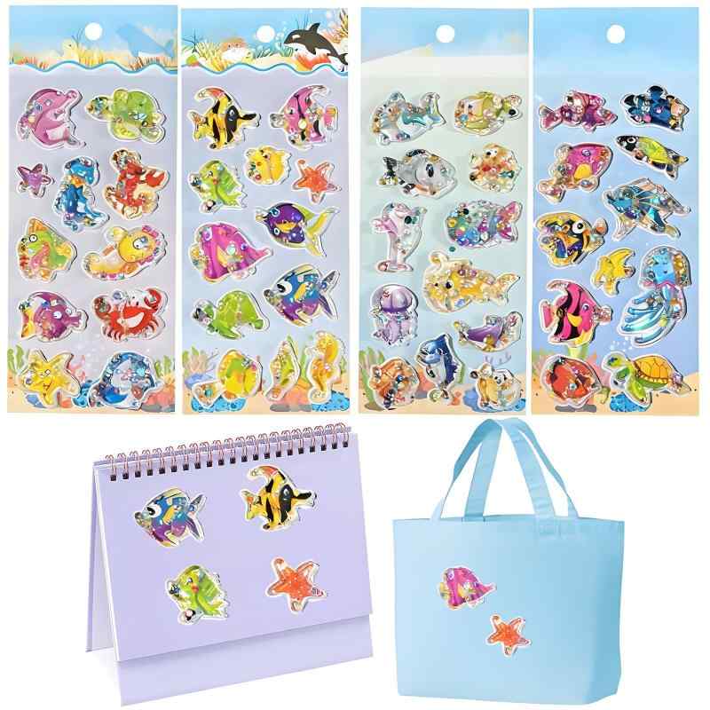 ウォーターシールセット 水シール ぷにぷに 水入り 可愛い 3dステッカー 立体 4枚入り スパンコール入り キラキラ 動物 キャラクター かわいい ごほうびステッカー DIY 手帳 水筒 スマホケー skylight-10705744 スカイライト サンプル画像2
