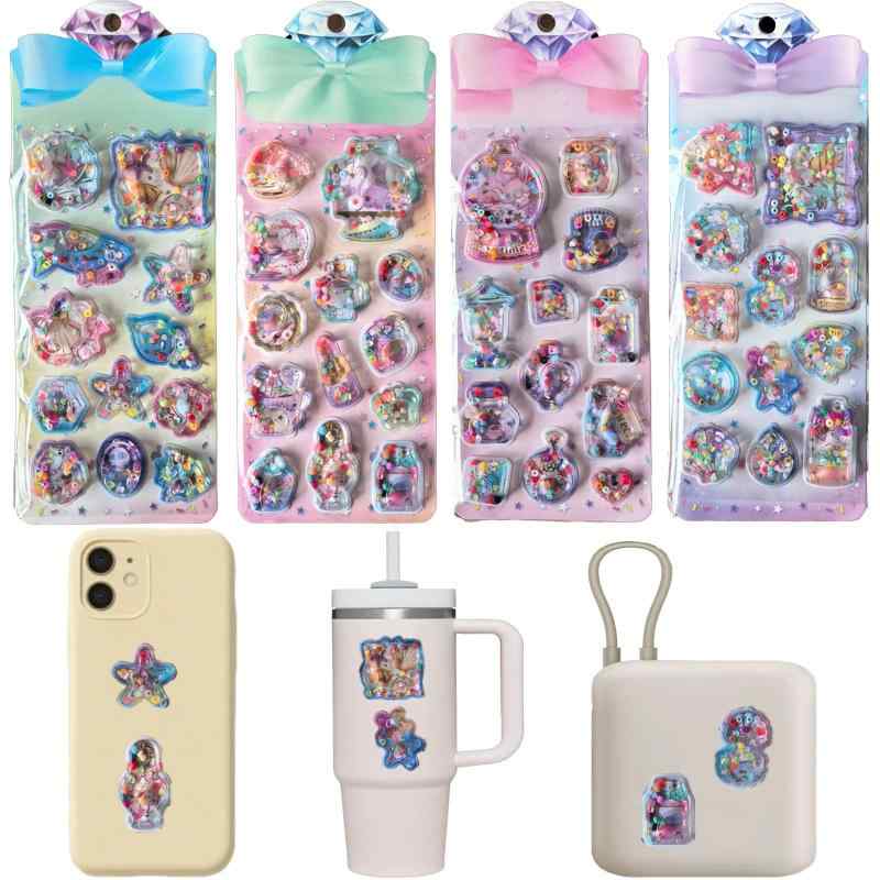 ウォーターシールセット 水シール ぷにぷに 水入り 可愛い 3dステッカー 立体 4枚入り スパンコール入り キラキラ 動物 キャラクター かわいい ごほうびステッカー DIY 手帳 水筒 スマホケー skylight-10705744 スカイライト サンプル画像3