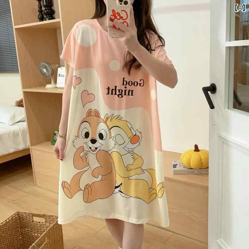 【 美 乐丽 影】 2025 年 新作 レディースサマーナイトガウン 半袖 漫画 柄 ミディアム 丈 ワンピース パジャマ レディースルームウェア