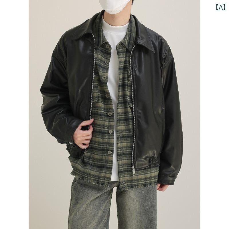 Piushuai Pu レザージャケットデザイントレンディな ブランドダブルジッパーショルダーパッド 入り レザージャケットメンズオートバイジャケット 秋と 冬の ハイストリートジャケット