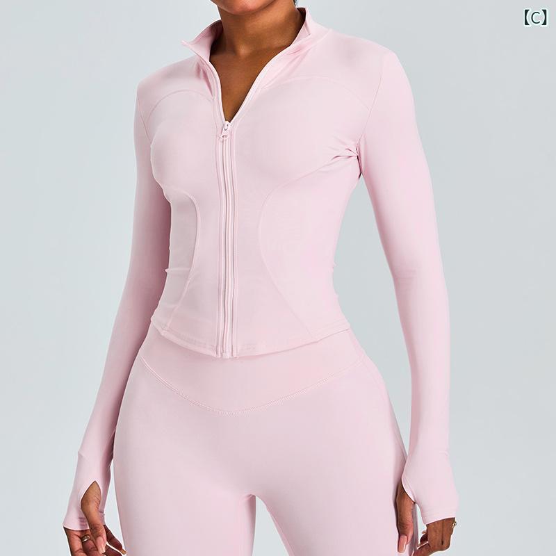 欧米の 裸 感の 修身 ヨガの コートの 女性の 秋冬の 立 襟の 長袖の ファスナーの カーディガンは やせて いる 運動の フィットネスの 服の 上着を 現します。