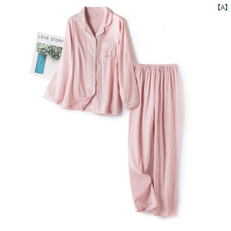 春 夏 新作 純綿 純 色 格子縞 男女 長 半袖 長 ズボン パジャマ 刺繍 ホームウェアカップルスーツ