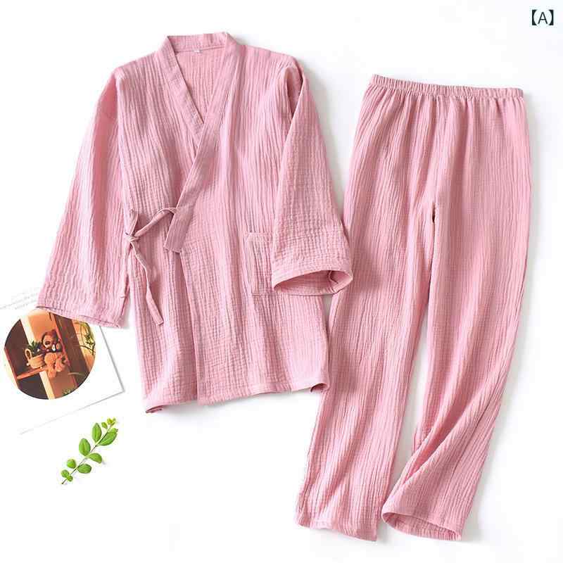 カップル 日本の 着物 パジャマ 春と 夏の 薄い 綿 クレープ メンズ 浴衣 レースアップホーム 服 スー..