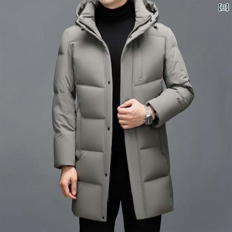 高級 メンズダウンジャケット 厚手 中年 男性 用 冬 用 保温 取り外し 可能な 帽子 付き ビジネス カジュアル ロング 丈 メンズ コート