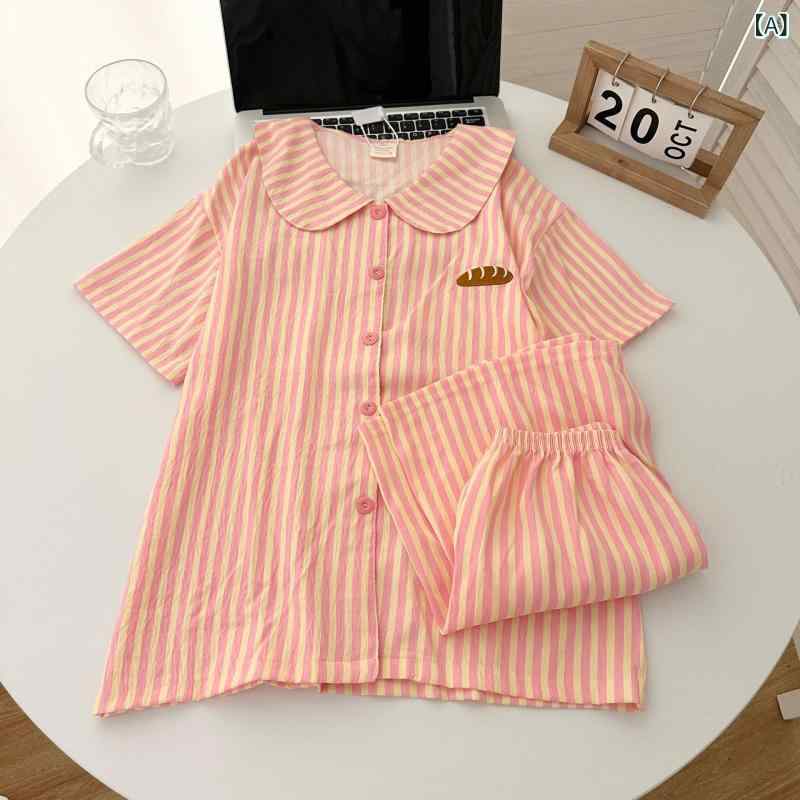 日系 ins ストライプ 半袖 パジャマ レディース 夏 云 绵 ショートパンツパンティー 刺繍 カップルホー..