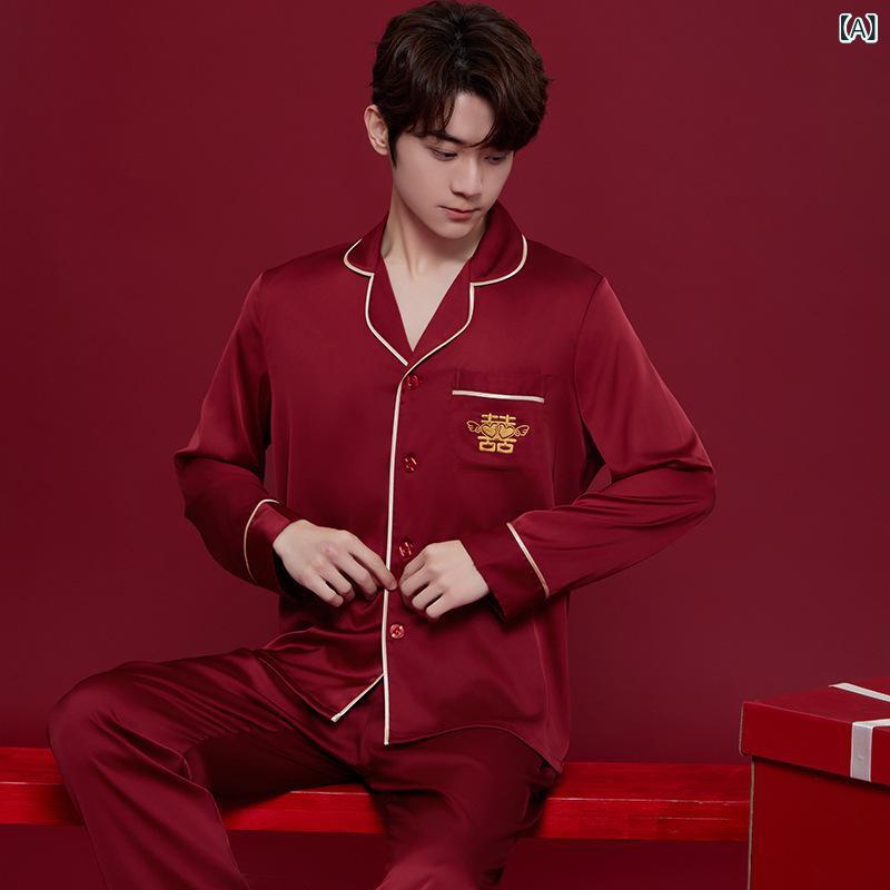 パジャマ 結婚 新婚 カップル 高級 結婚 用 氷 シルク 赤 本命 年 祝い 男女 結婚式 持参 スーツ