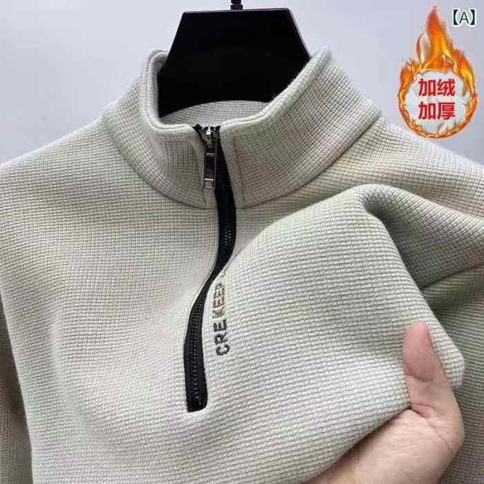 樂天商城 - 新 商品の半 ファスナーと ベルベットを 厚く して、 男性の 冬の 保温 カジュアル t シャツの 男性の 長袖の 立 襟の 底の シャツの 上着を 厚く します。