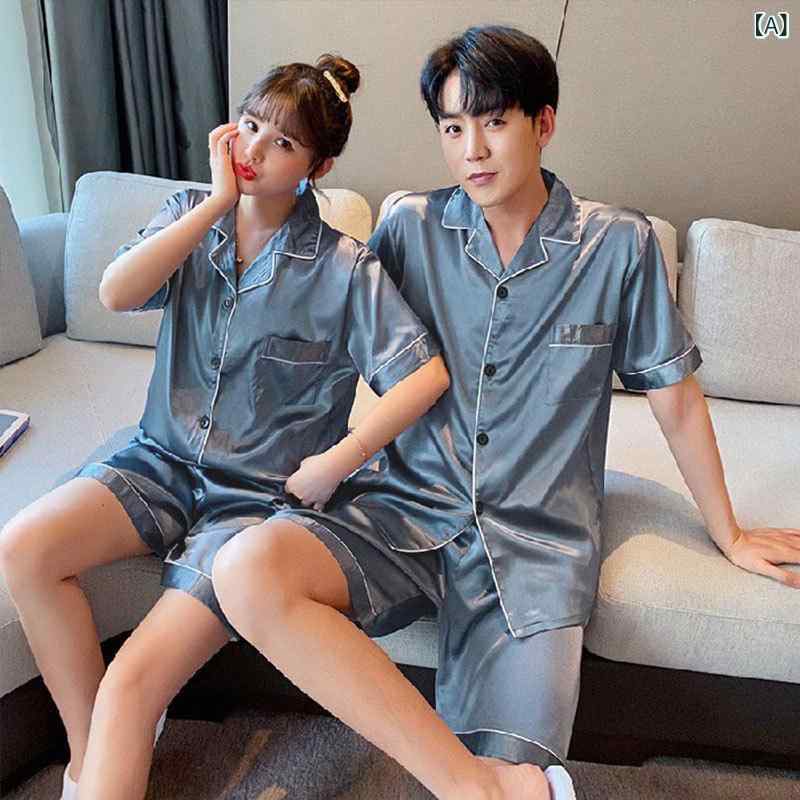 カップル パジャマ 女性の 夏の アイス シルク 半袖 インターネット 有名人 2025 新しい 大きい サイズ メンズ 模造 シルク ホーム 服 セット