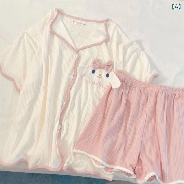 クロス ボーダーの パジャマ 女性の 夏の 半袖の半 ズボンの 玉 桂の 犬の 刺繍の 蝶結びの かわいい 少女の ゆったり した 部屋の 服の スーツ