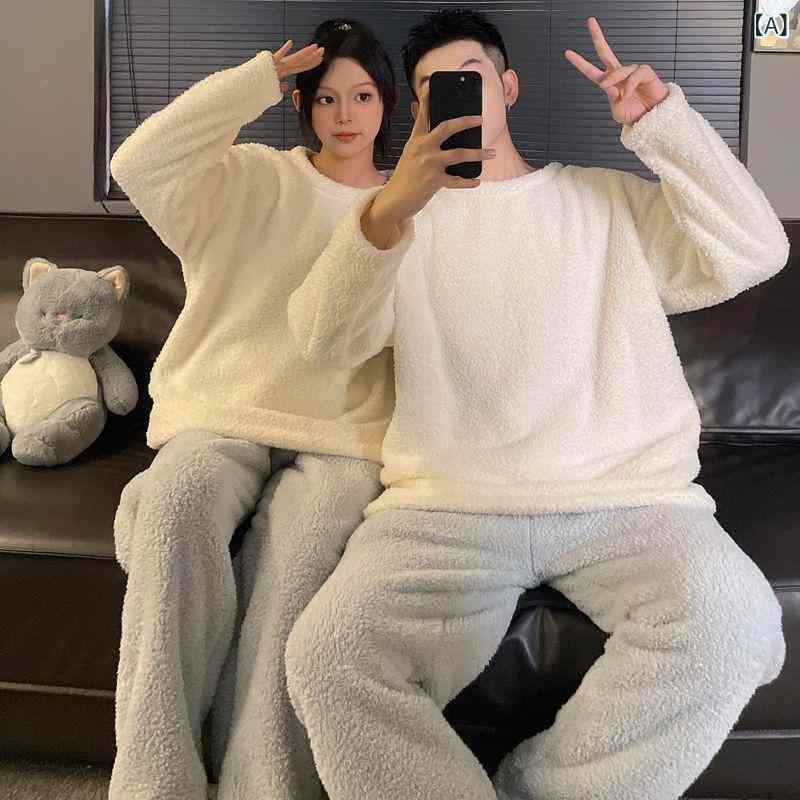秋冬の カップルの パジャマの 女性の コーラル フランネルの 厚い 保温の 男性の 大きい サイズの ゆったり した 部屋の 服の スーツ