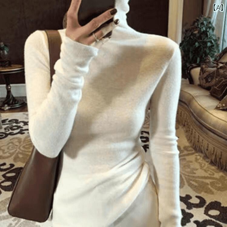 秋冬 人気の 無地 レギュラー 厚手 長袖 暖かい パイル カラースリムフィットプルオーバーニットボトムシャツ(4.0)