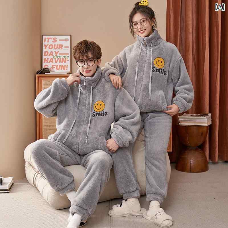 ベルベットの パジャマ 女性 秋冬の カップル 冬の ベルベットの 厚い ゆるい サイズの 男性 ジッパーの 家庭 服 セット