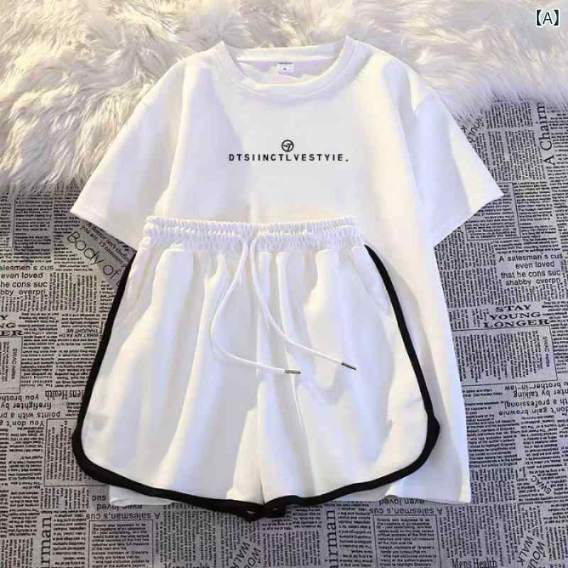 女性 用 白 半袖 ショーツ スーツ、 大きい サイズ、 ゆったり、 着痩せ、 美 白、 快適、 カジュアルスポーツウェアスーツ、 ツーピーストレンドスーツ