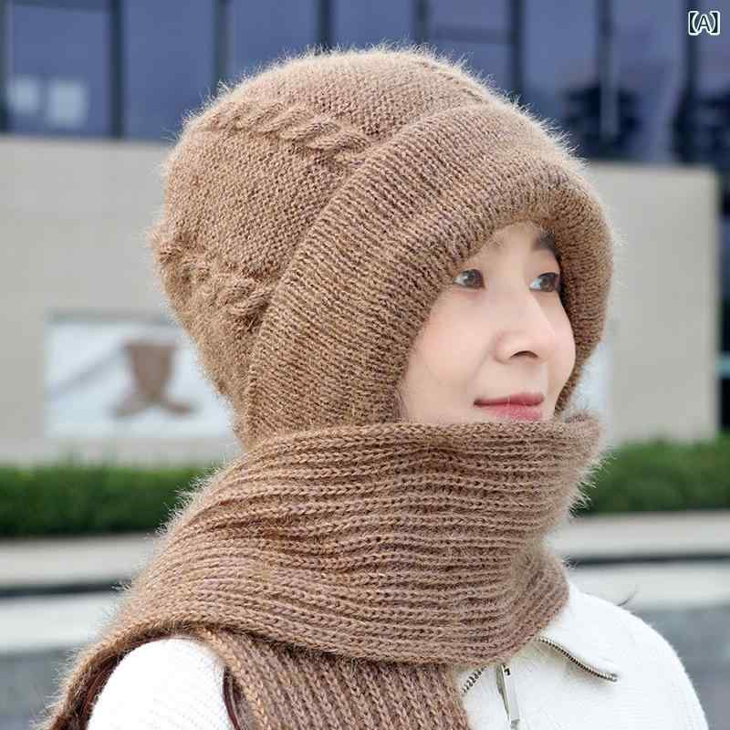 秋冬の 新型 帽子の 女性の ベルベットは 防寒 マフラーの 一体 帽子の 麻 花 保温 帽の パケットヘッダーニットの 毛糸 帽を 厚く した