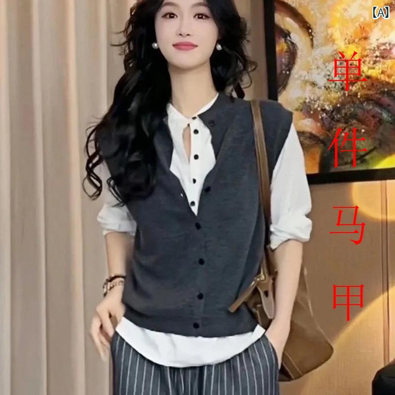 乐天商城 - 女性 用 ダークグレーニットベスト、 初秋の 韓国 風、 シンプルで エレガントな ベスト、 重ね 着、 ノースリーブ、 万能 トップス