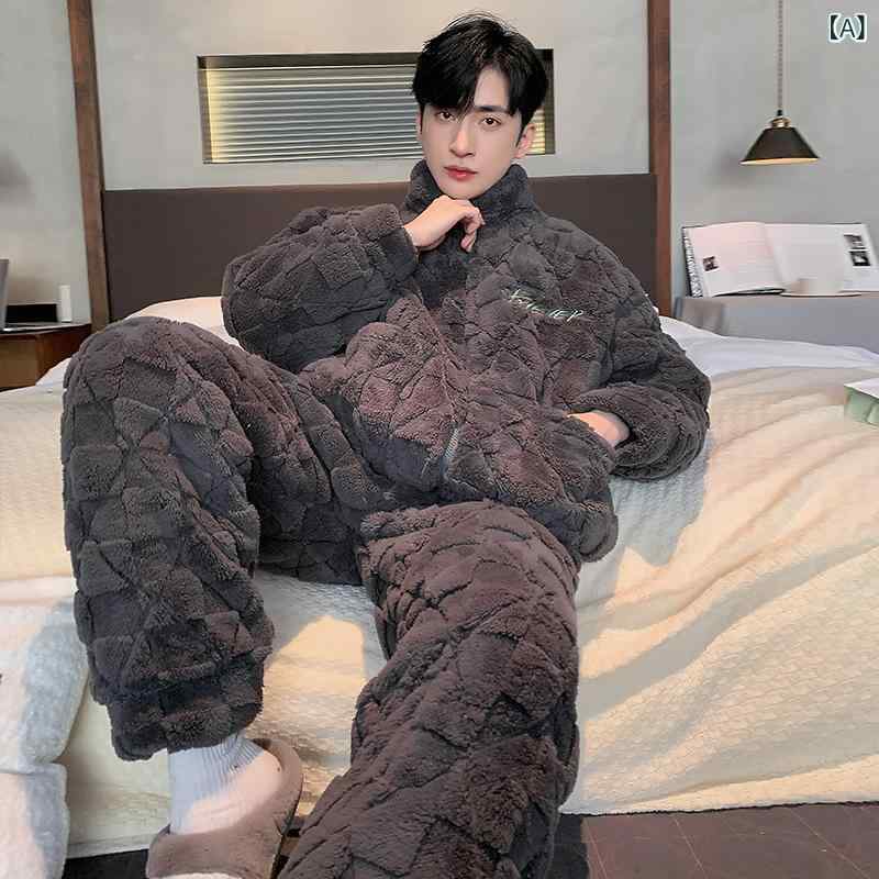 カップル パジャマ 女性 秋冬 三 層 綿 コーラル ベルベットと ベルベットの 厚い 保温 男性の 家庭 服..