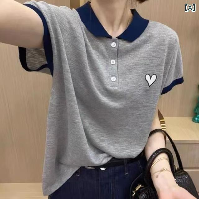 2025 新しい 夏の 女性の ポロシャツラペルセーターアイスシルク 半袖 t シャツ お腹 カバー トップ t シャツ(3.0)