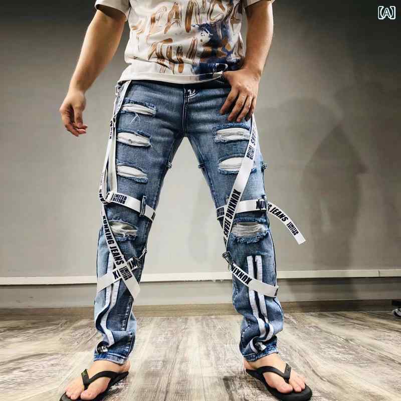 乐天商城 - 2024 国境を 越えた 欧米の アマゾン 男性の トレンドは、 ジーンズの 穴を 割った小さな 足の ジッパーを 貼って 男性 服を 修理 する