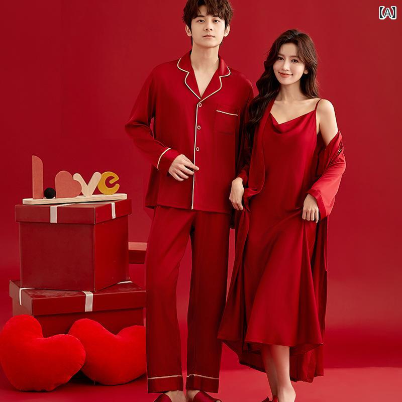 結婚 カップルの パジャマ 新婚 新婦の ロング タイプの 朝の ガウンの 赤い 本命 年の 高級な 氷の シルクは 色を 落とさない スーツです。