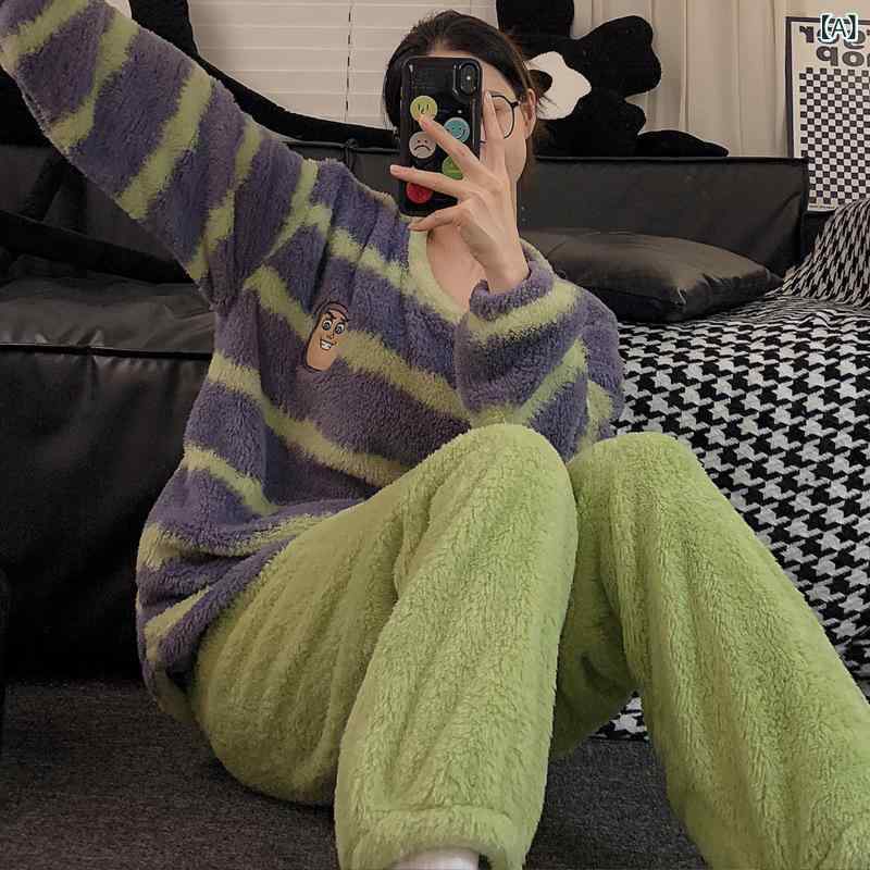バス 光年 カップル パジャマ 女性 冬 コーラル 厚手 保温 漫画 かわいい フランネル 男性 ホームウェアセット