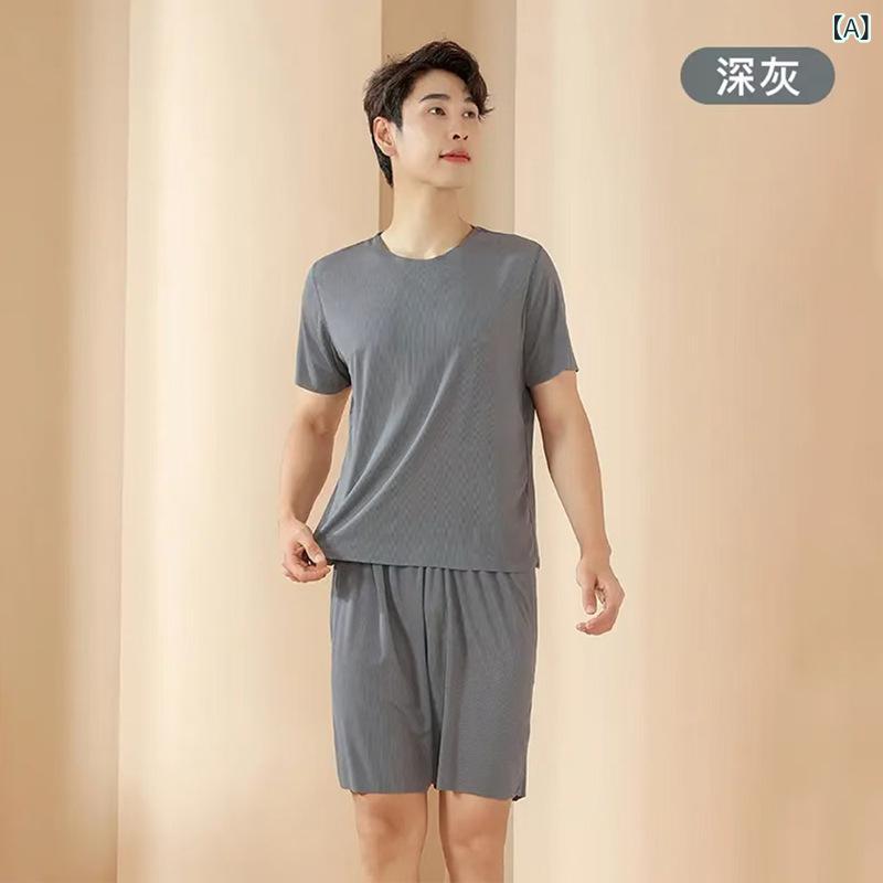 カップルアイスシルクホーム 服 卸売 夏の 女性の ラウンド ネック 半袖 ズボンスーツメンズショーツア..