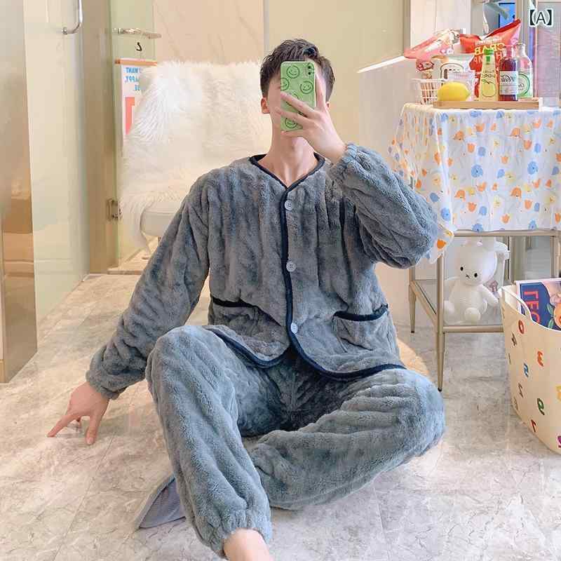 樂天商城 - 2022 カップル パジャマ 秋冬 厚手 ベルベット 保温 フランネル 家庭 服 男性 女性は 2 セットの 服を 着る ことが できる