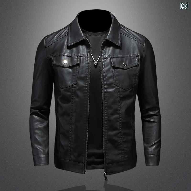 乐天商城 - 男性の 皮の 服の 2025の 新型の 春と 秋の 冬の 韓国 版の 修身の 潮流は ベルベット して 機関 車の オーバーの 男性の 皮の ジャケットを 厚く します。
