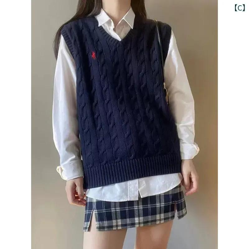 スカイライトの2025 春の新 カレッジ スタイル 年齢 軽減 刺繍 ポニー 女性の ベストルーズノースリーブツイストニットトレンディな ベスト｜アングル3